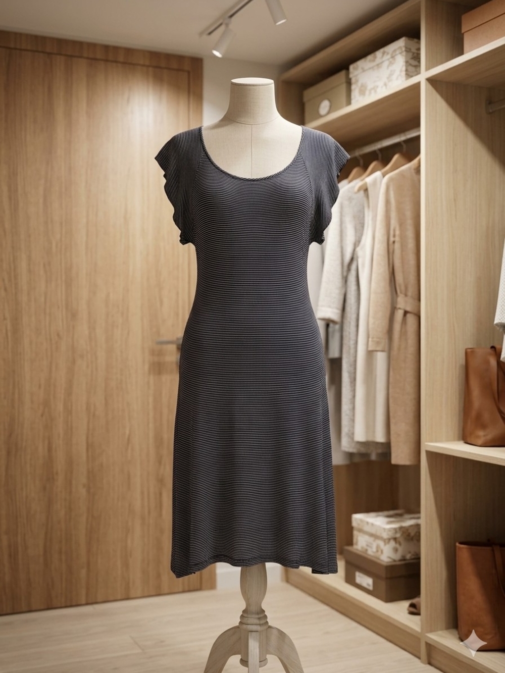 Striped Scoop Neck Midi Dress in Navy and White -Washed, Never Worn